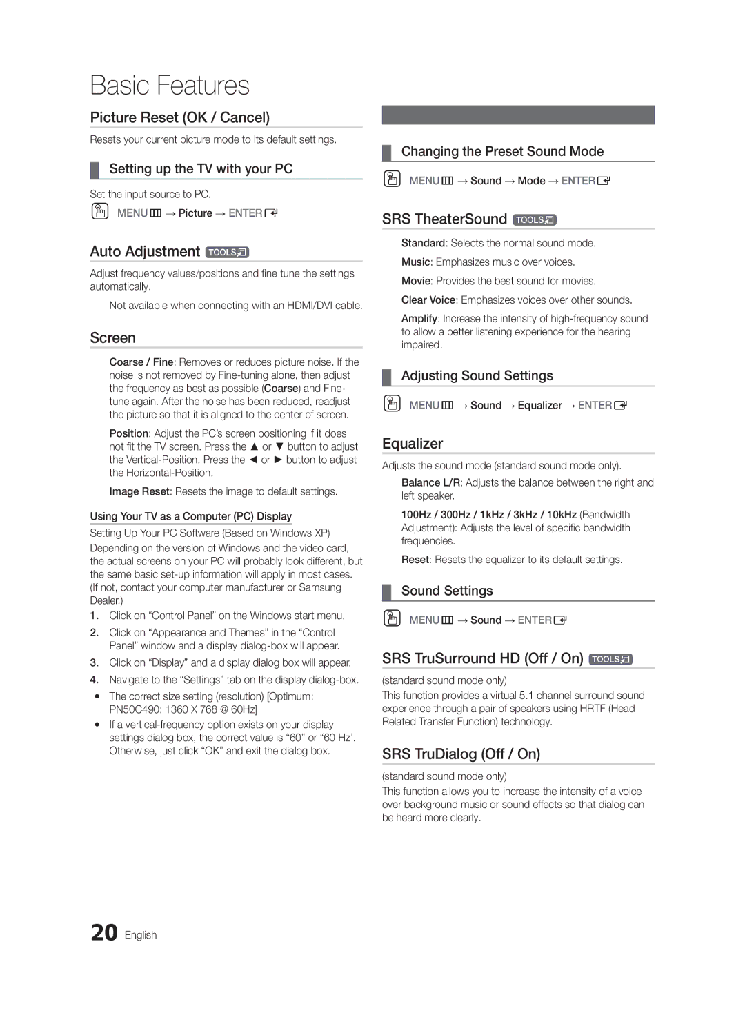 Samsung PC490-ZC user manual Picture Reset OK / Cancel, Auto Adjustment t, Screen, SRS TheaterSound t, Equalizer 