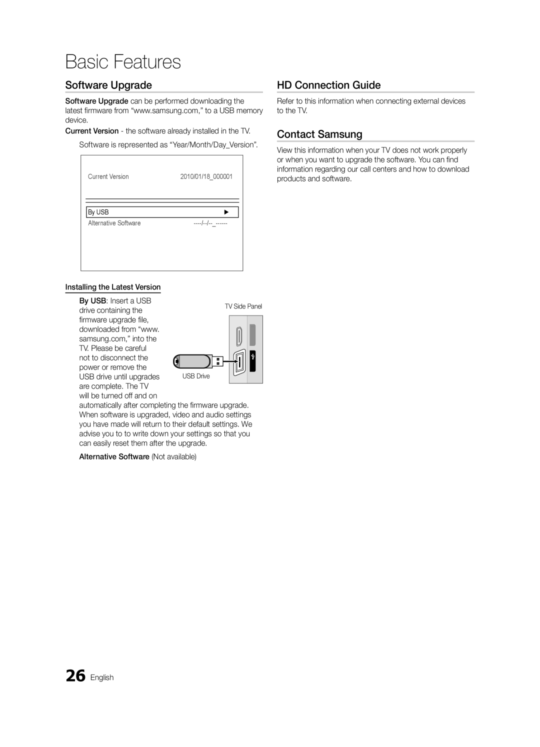 Samsung PC490-ZC user manual Software Upgrade, HD Connection Guide, Contact Samsung 