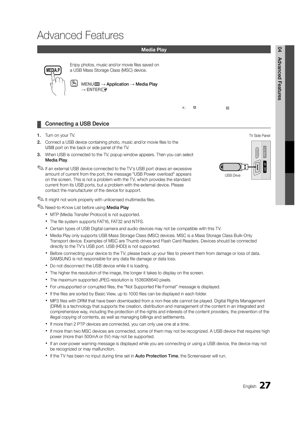 Samsung PC490-ZC user manual Advanced Features, Connecting a USB Device, Media Play 