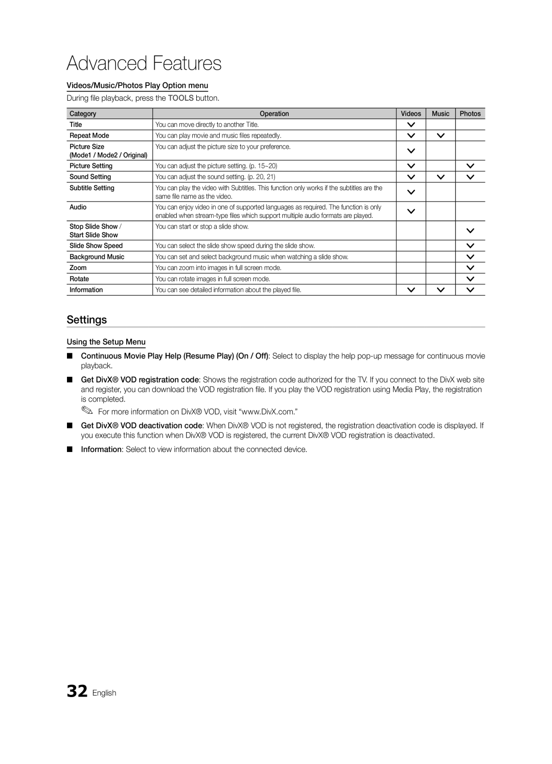 Samsung PC490-ZC user manual Settings, Videos/Music/Photos Play Option menu, Press the Tools button 