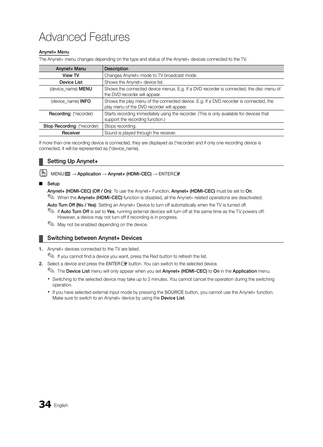 Samsung PC490-ZC user manual Setting Up Anynet+, Switching between Anynet+ Devices 