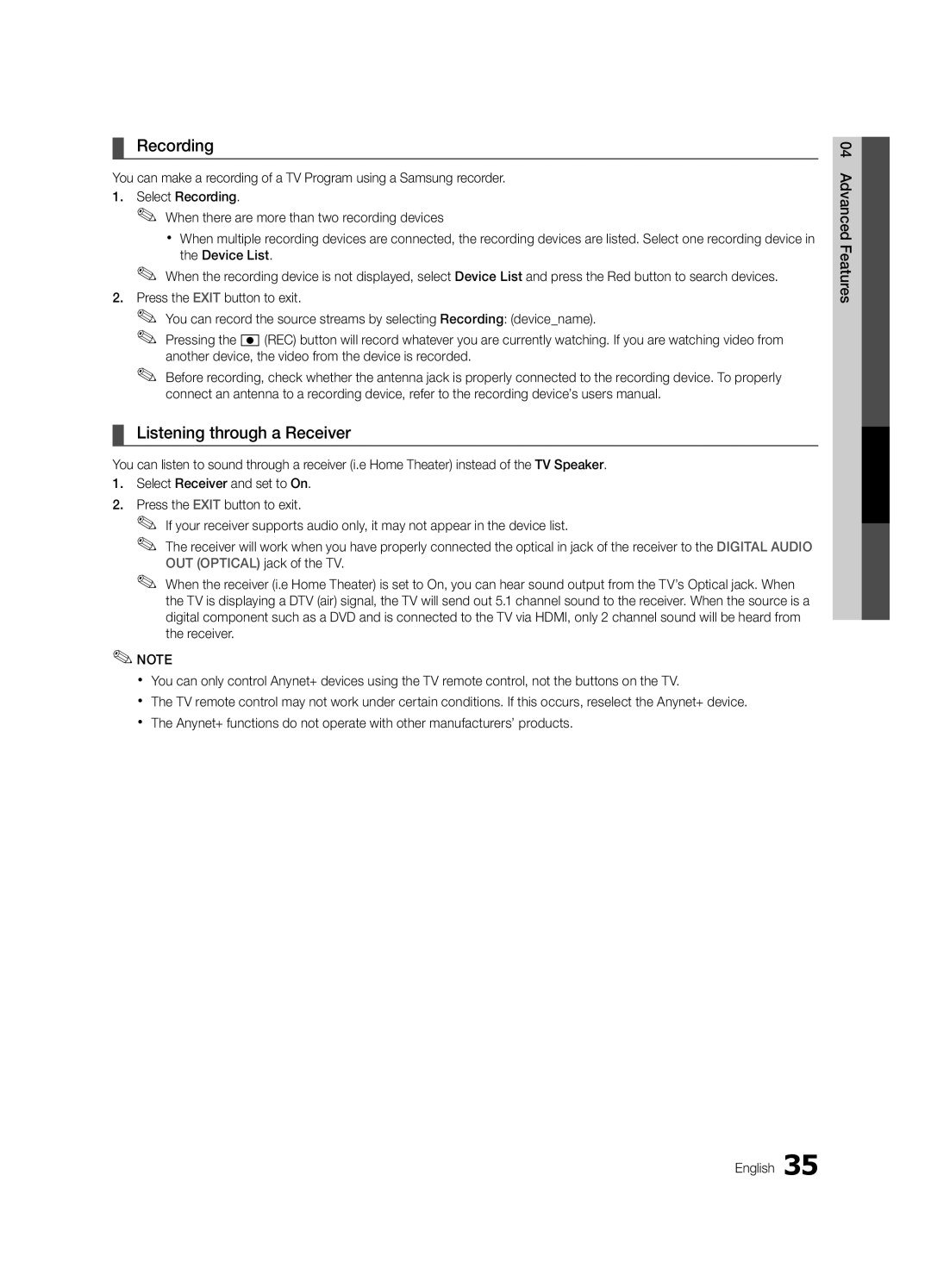 Samsung PC490-ZC user manual Recording, Listening through a Receiver 