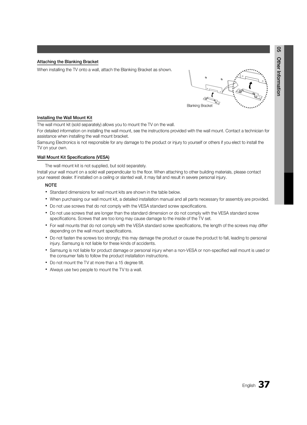 Samsung PC490-ZC user manual Other Information, Installing the Wall Mount, 05InformationOher English, Blanking Bracket 