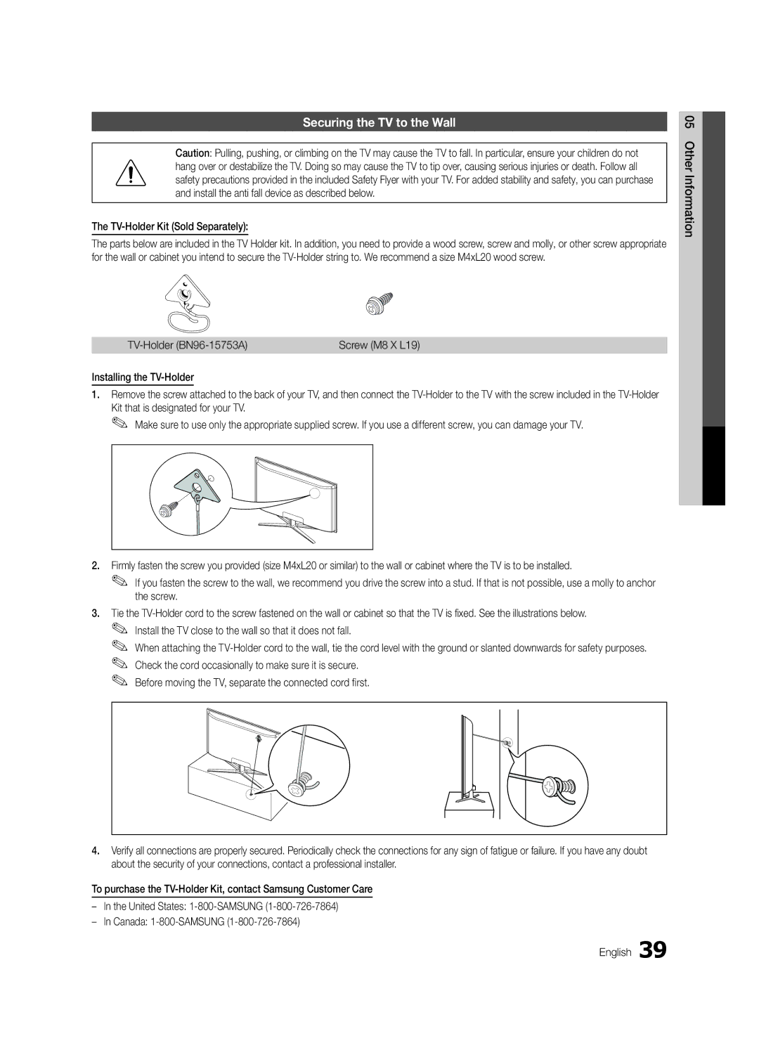 Samsung PC490-ZC Securing the TV to the Wall, TV-Holder Kit Sold Separately, 05InformationOher TV-Holder BN96-15753A 