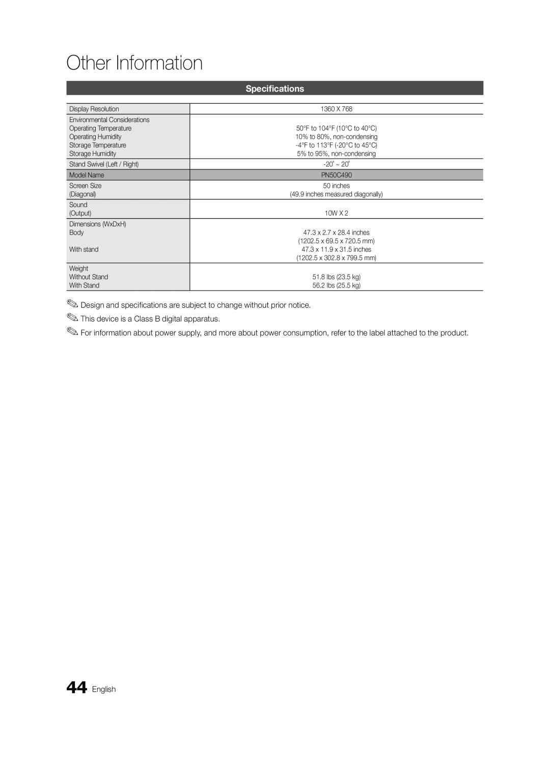 Samsung PC490-ZC user manual Specifications 