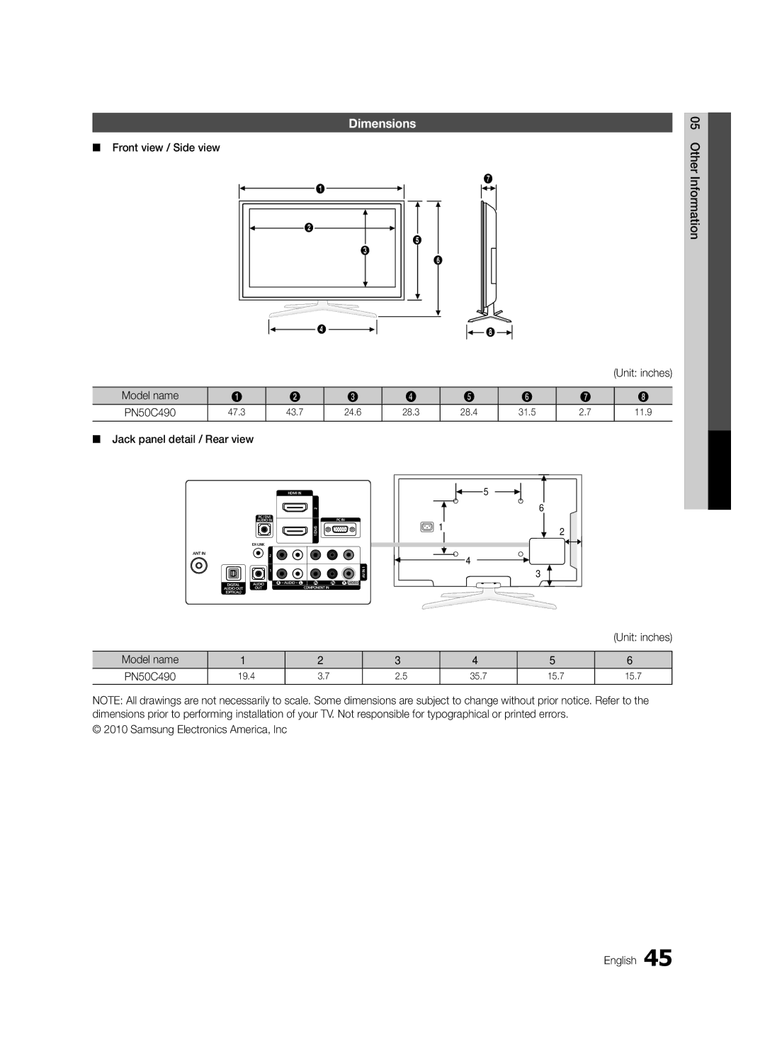 Samsung PC490-ZC Dimensions, Front view / Side view, Jack panel detail / Rear view Other Information, Model name PN50C490 