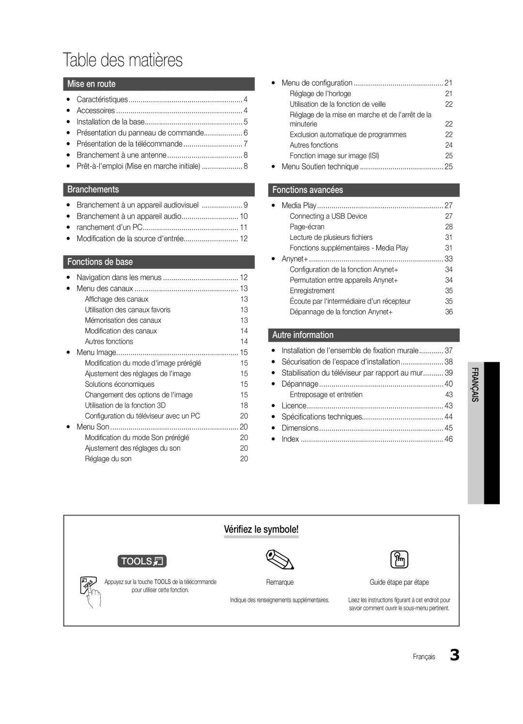 Samsung PC490-ZC Table des matières, Vérifiez le symbole, Réglage de l’horloge Utilisation de la fonction de veille 