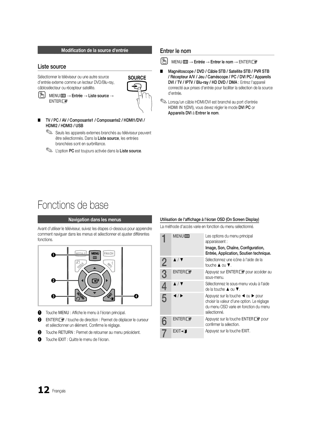 Samsung PC490-ZC user manual Fonctions de base, Liste source, Entrer le nom, Modification de la source dentrée 