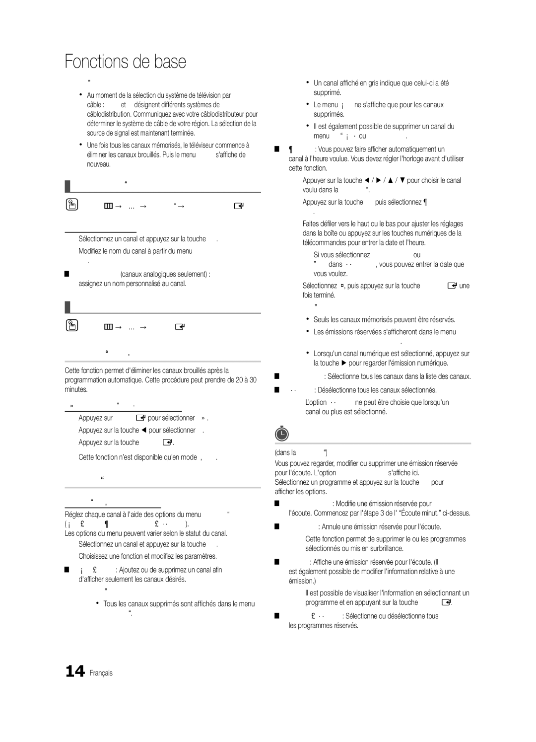 Samsung PC490-ZC Effacer les canaux brouillés, Enregistrement par minuterie, Modification des canaux, Autres fonctions 