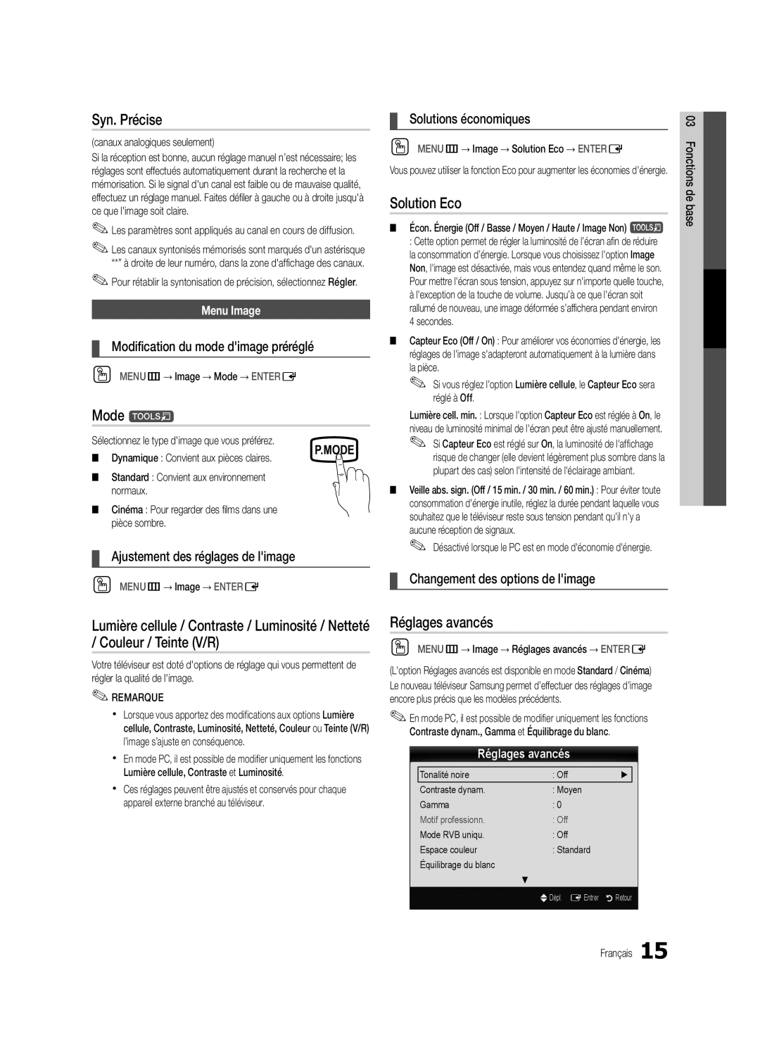 Samsung PC490-ZC user manual Syn. Précise, Solution Eco, Réglages avancés 