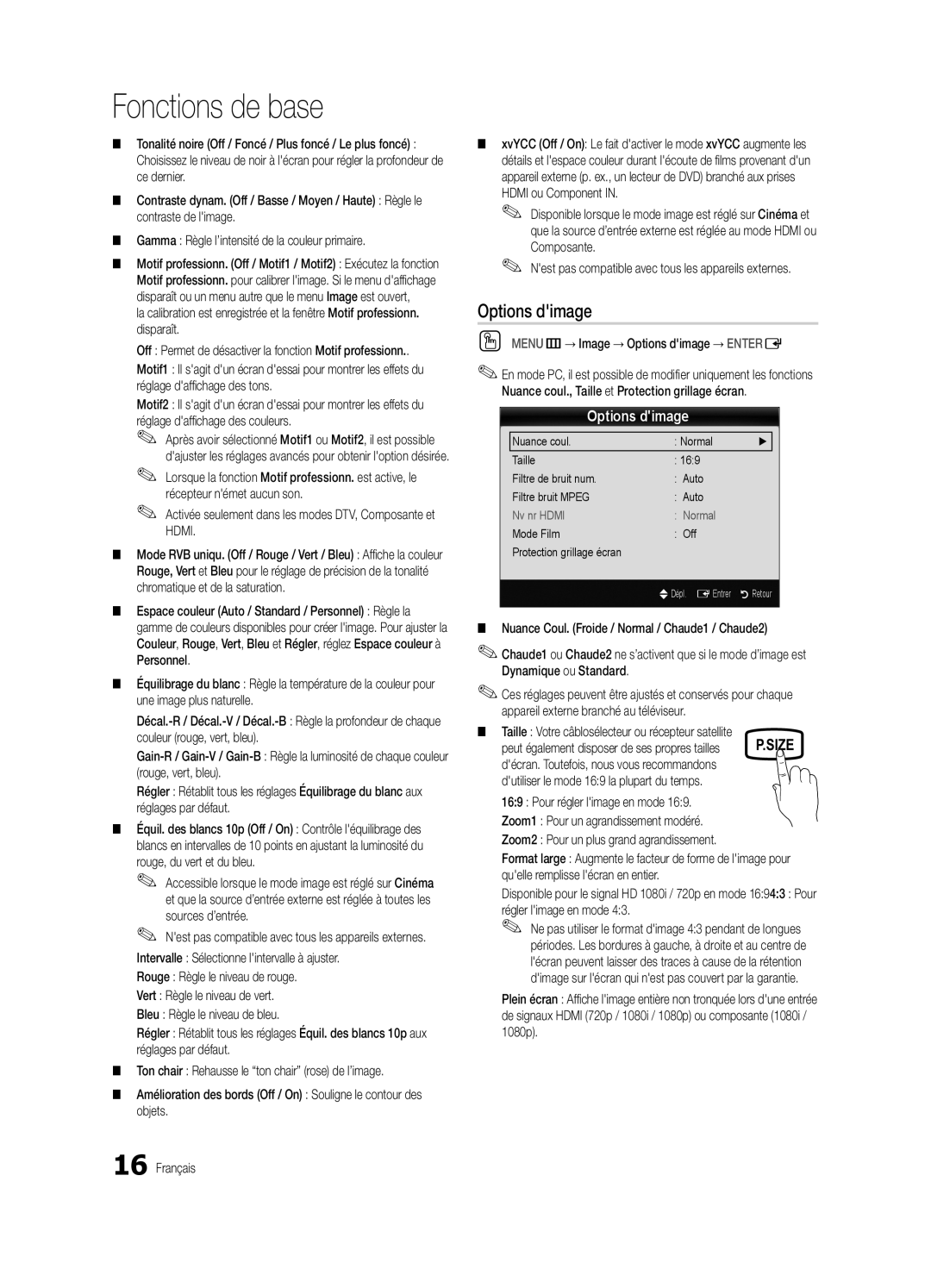 Samsung PC490-ZC user manual Options dimage, Activée seulement dans les modes DTV, Composante et Hdmi 