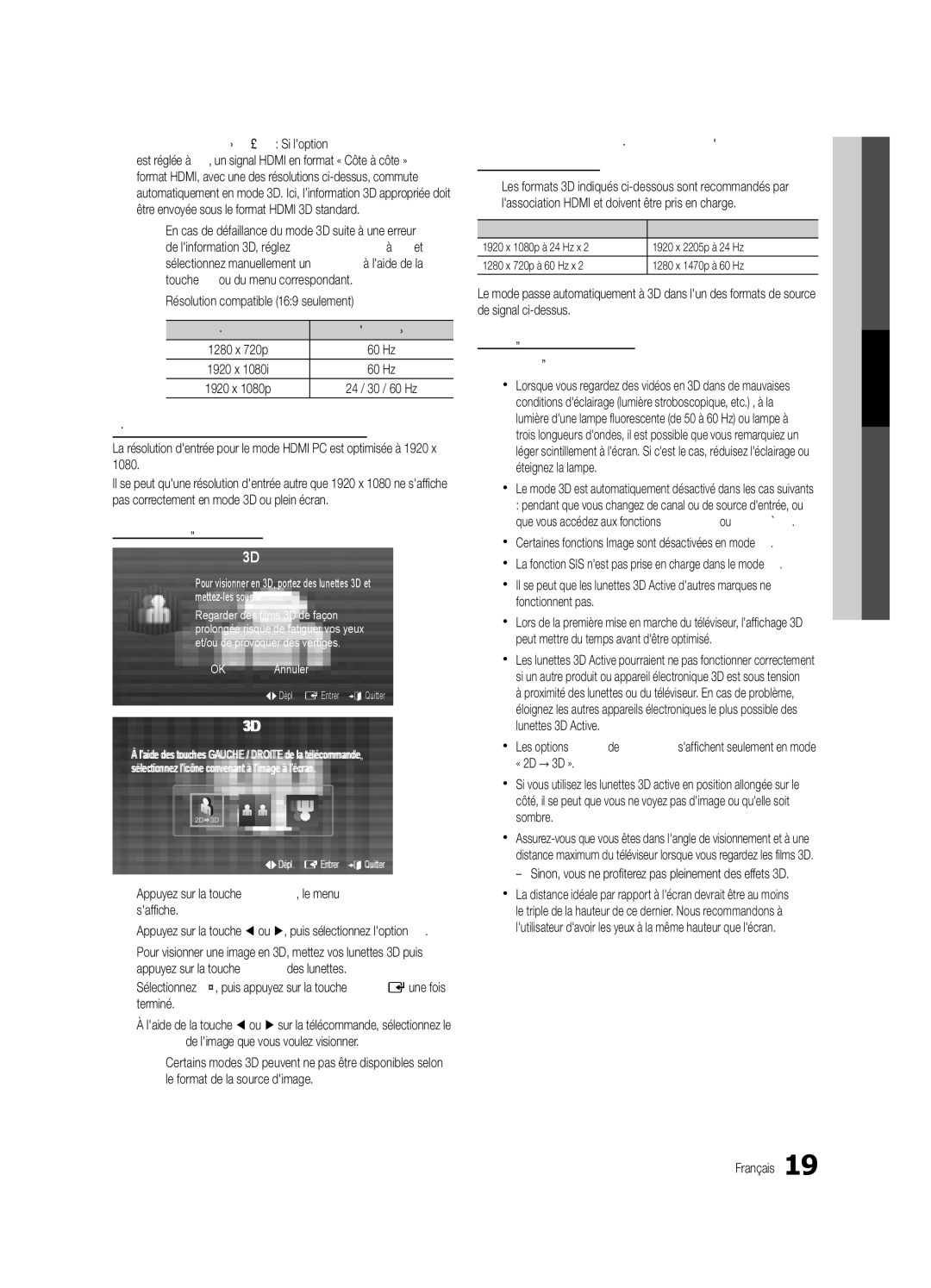 Samsung PC490-ZC user manual Résolution compatible 169 seulement Frequency Hz, Visionnement dune image 3D 