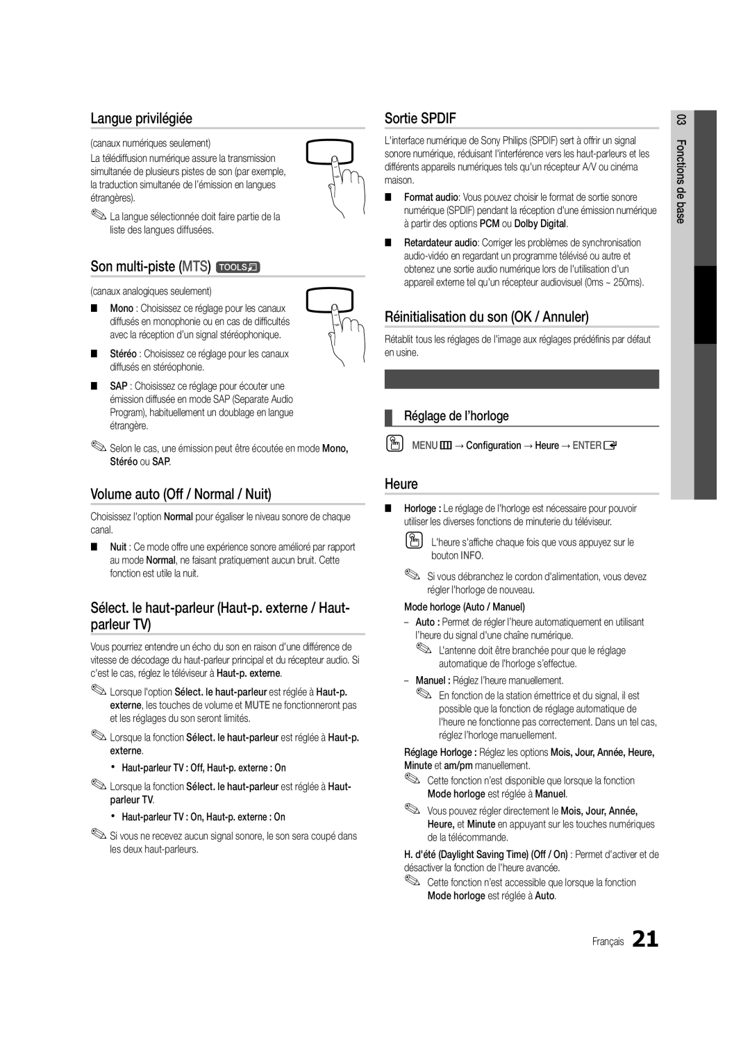 Samsung PC490-ZC Langue privilégiée, Son multi-piste MTS t, Volume auto Off / Normal / Nuit, Sortie Spdif, Heure 