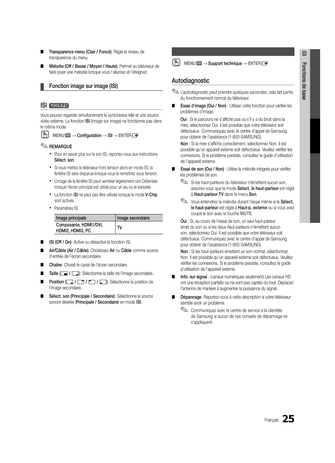 Samsung PC490-ZC user manual ISI t, Autodiagnostic, Fonction image sur image ISI, Menu Soutien technique 