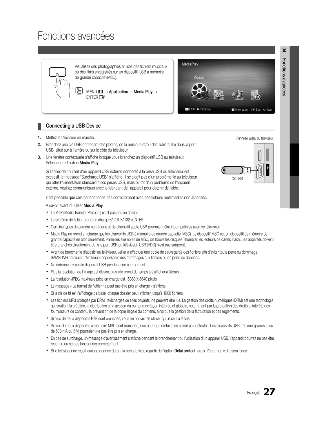 Samsung PC490-ZC user manual Fonctions avancées, De grande capacité MSC MENUm→ Application → Media Play → 