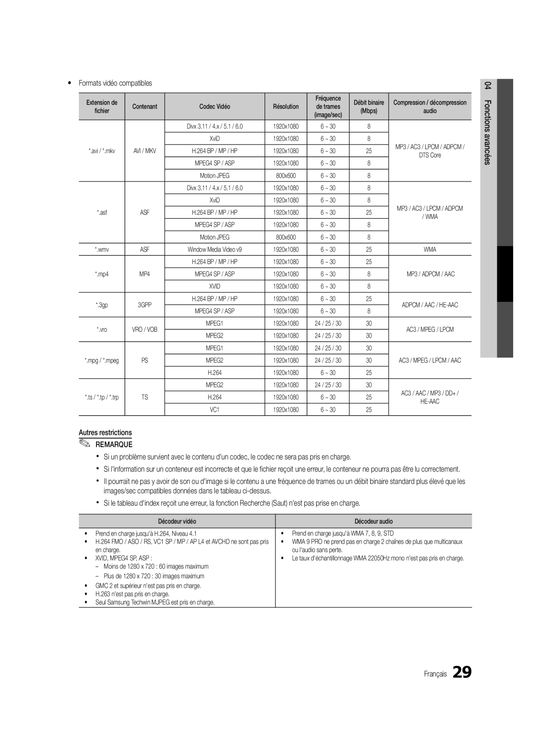 Samsung PC490-ZC user manual Yy Formats vidéo compatibles, Fréquence, Résolution, En charge Ou laudio sans perte 