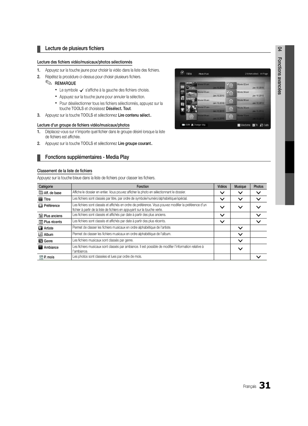 Samsung PC490-ZC user manual Lecture de plusieurs fichiers, Fonctions supplémentaires Media Play 