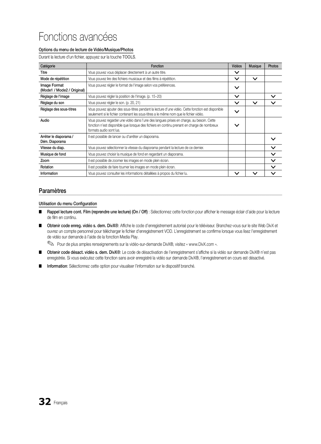 Samsung PC490-ZC user manual Paramètres, De vidéo sur demande à l’aide de la fonction Media Play 