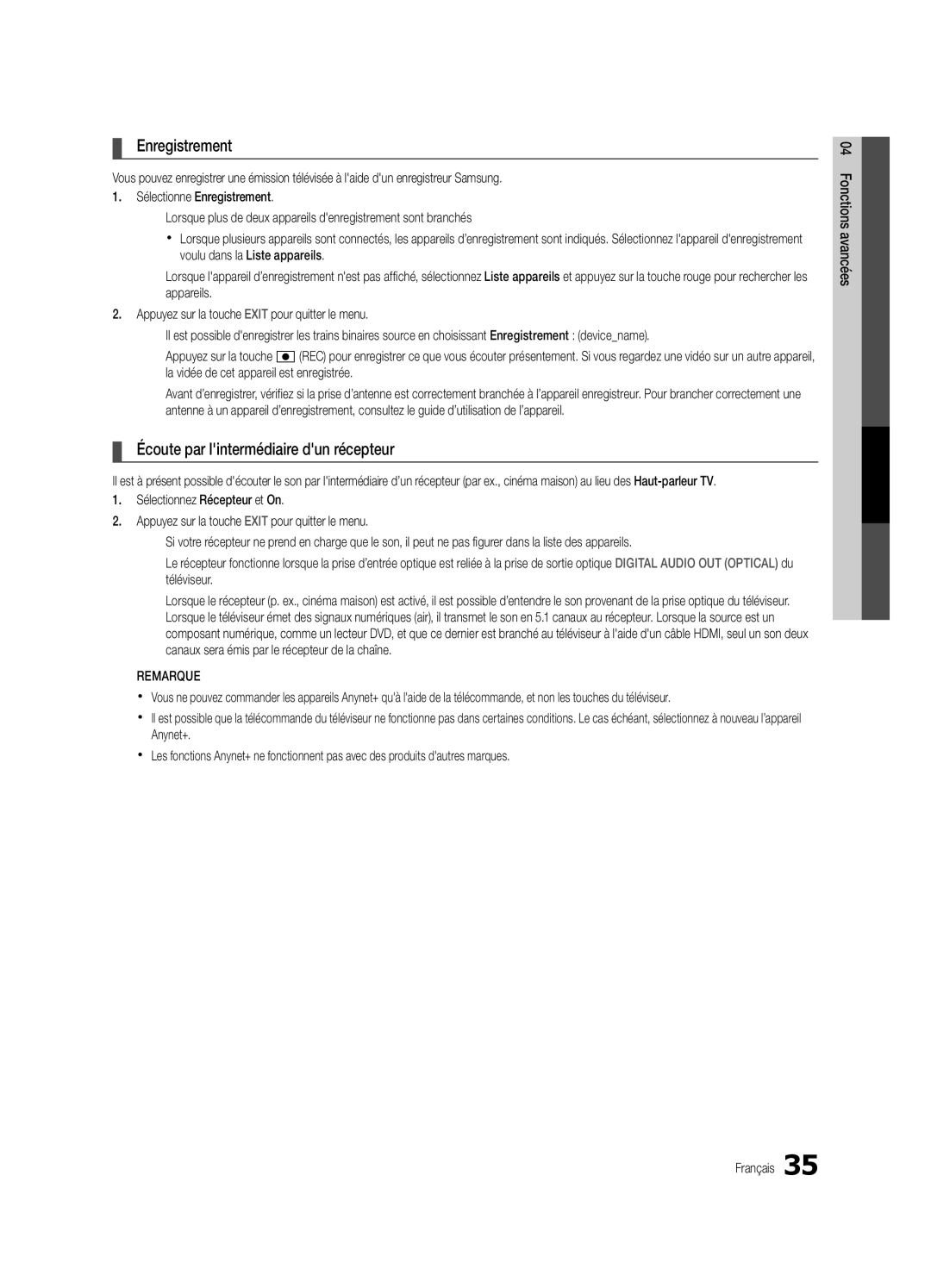 Samsung PC490-ZC user manual Enregistrement, Écoute par lintermédiaire dun récepteur 