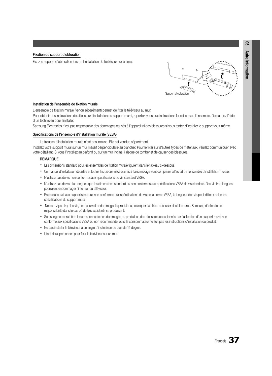 Samsung PC490-ZC user manual Autre information, Installation de l’ensemble de fixation murale, Support dobturation 