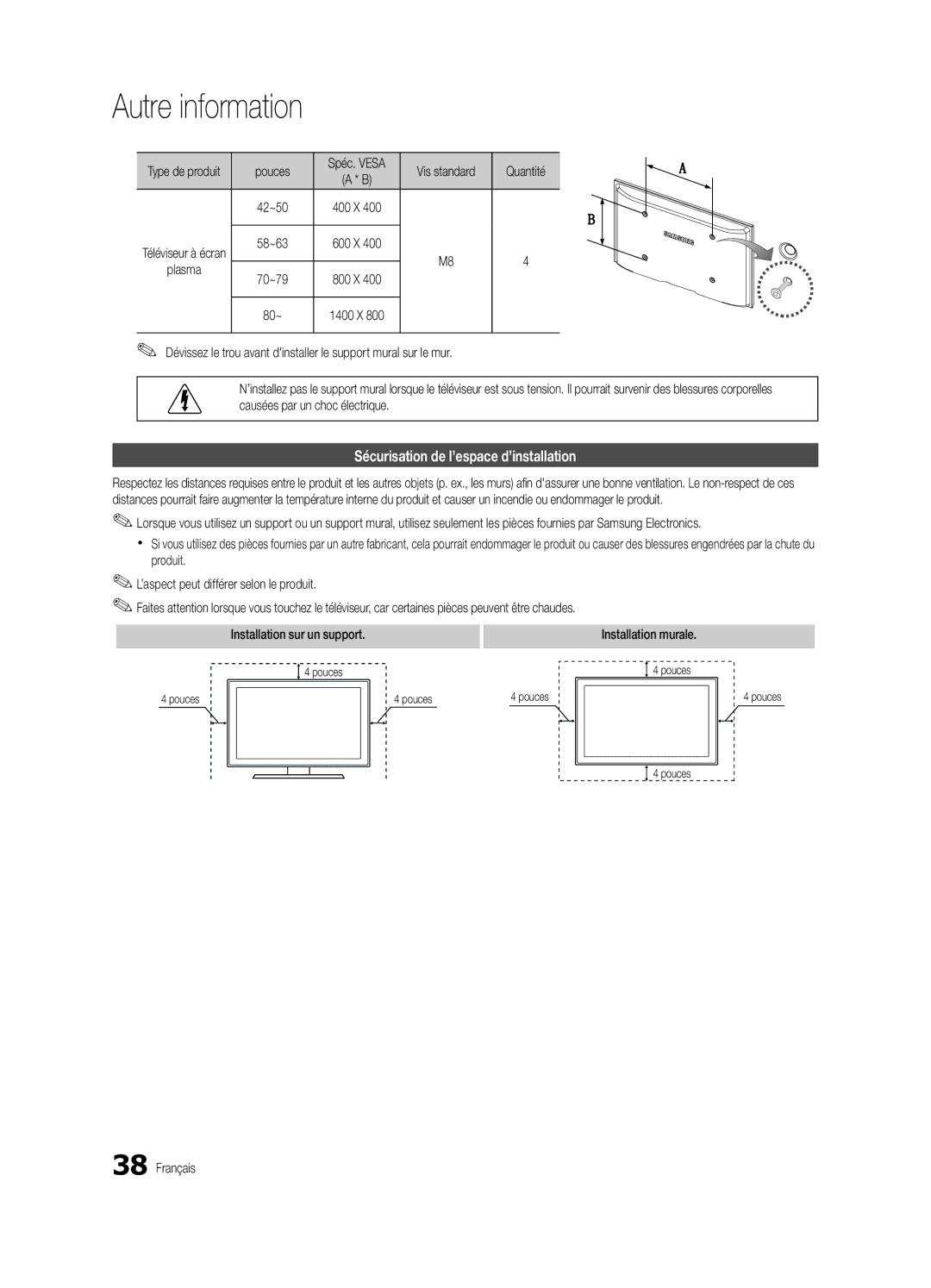 Samsung PC490-ZC user manual Sécurisation de l’espace d’installation, Pouces, Quantité, Plasma 