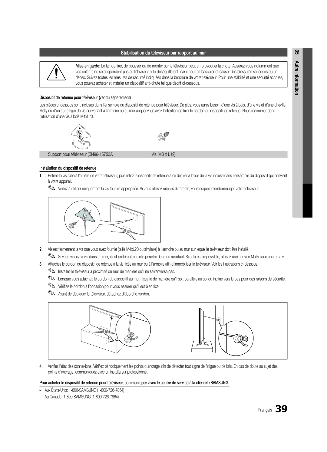 Samsung PC490-ZC Stabilisation du téléviseur par rapport au mur, Dispositif de retenue pour téléviseur vendu séparément 