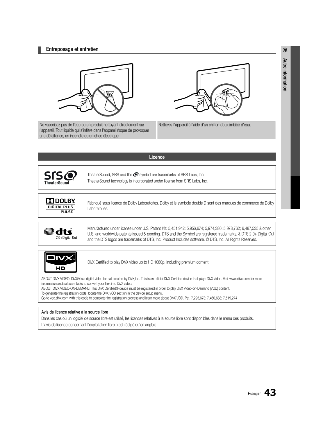 Samsung PC490-ZC user manual Entreposage et entretien, Licence, Nettoyez lappareil à laide dun chiffon doux imbibé deau 