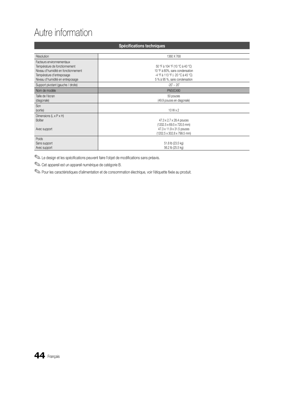 Samsung PC490-ZC user manual Spécifications techniques 