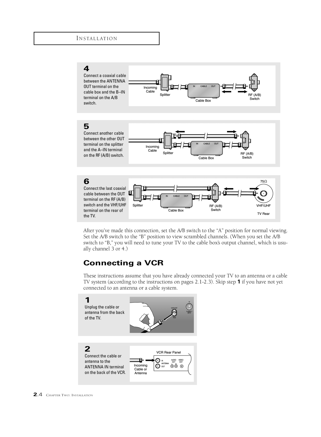 Samsung PCJ 614RF, PCK 6115R, PCJ 534RF manual Connecting a VCR, Unplug the cable or antenna from the back of the TV 