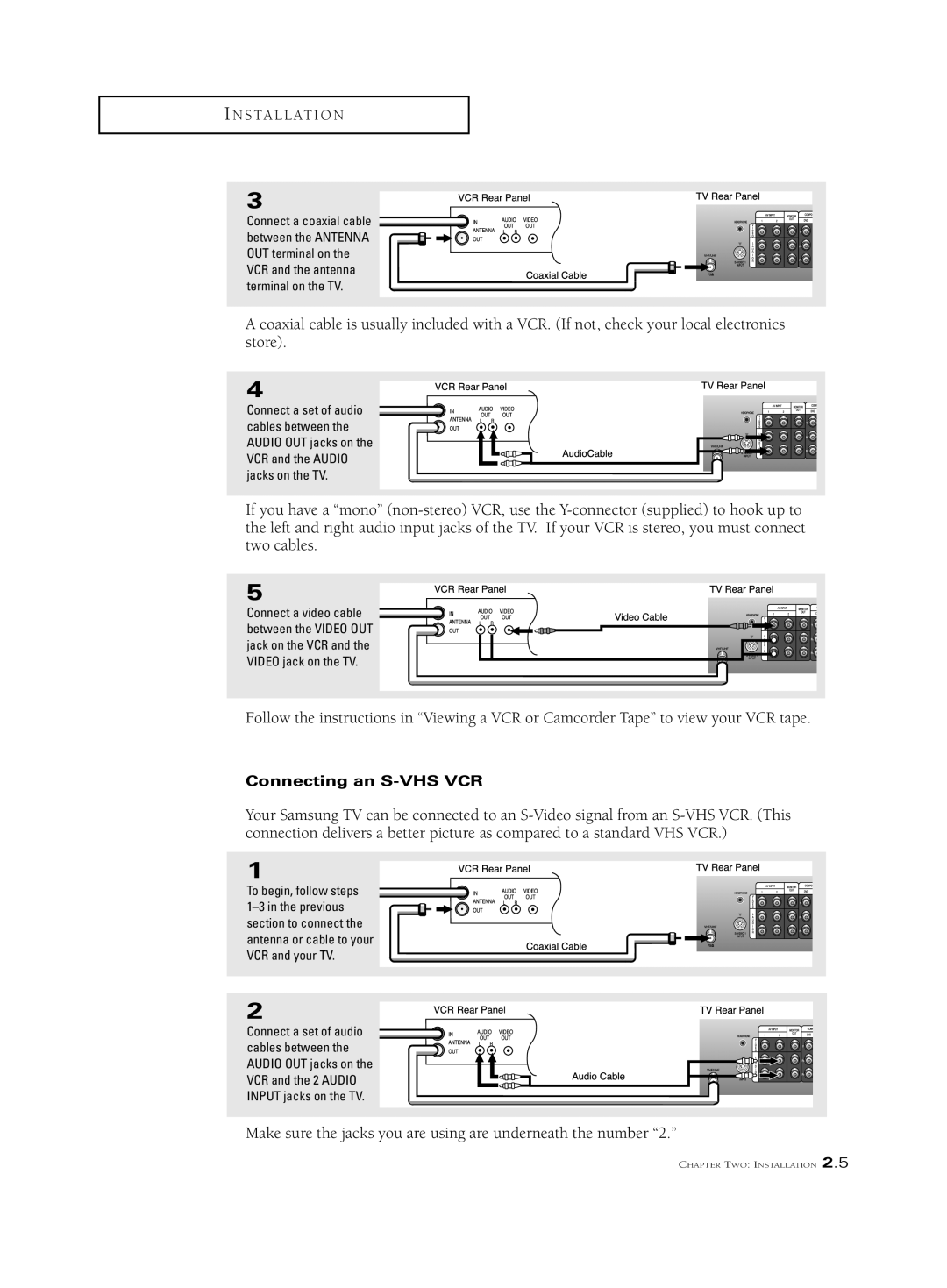 Samsung PCJ532RF, PFJ533RF, PFJ534RF, PCJ611RF, PCJ614RF, PCK5315R, PCK6115R, PCK 6115R, PCJ 534RF Connecting an S-VHS VCR 