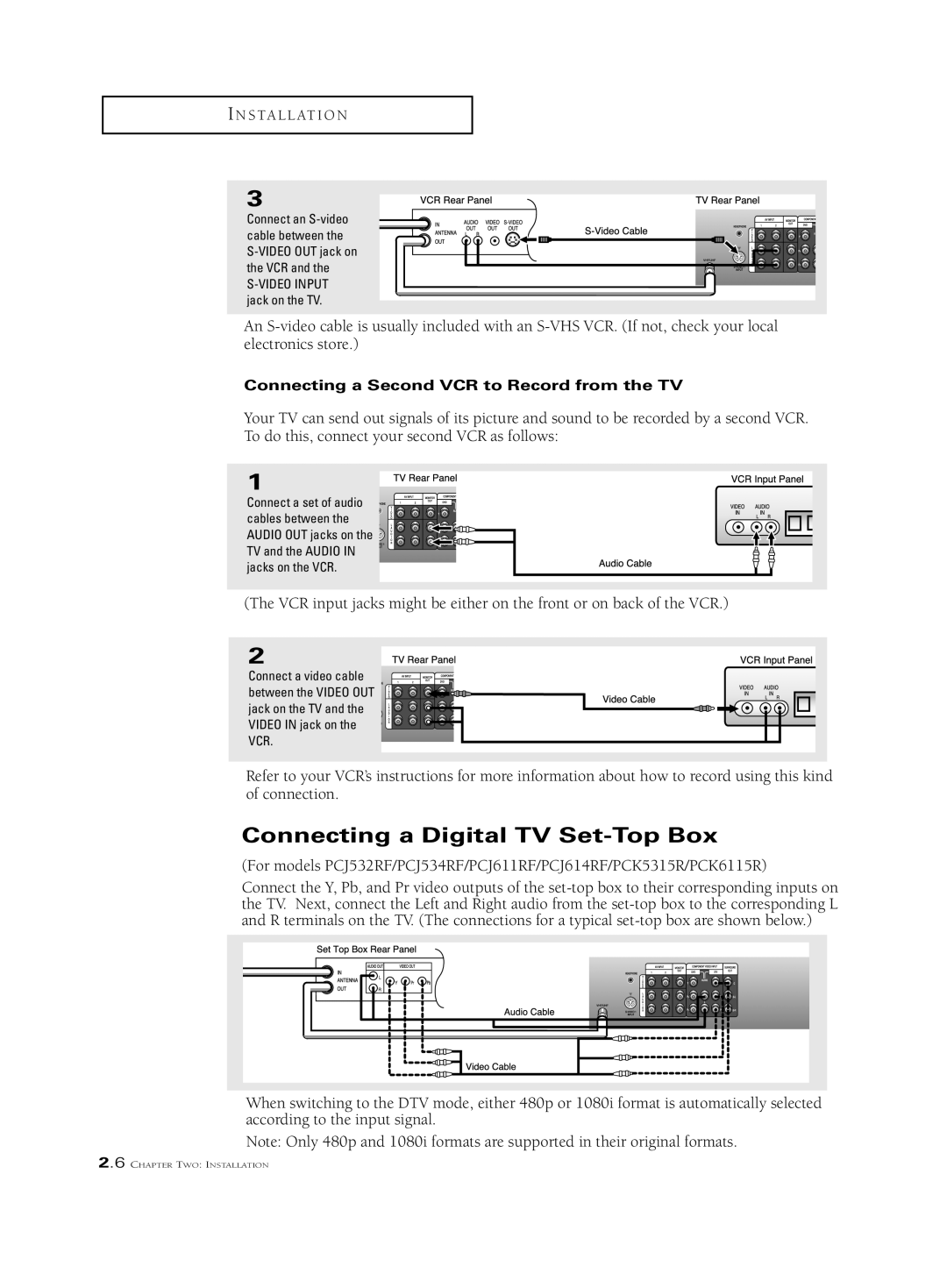 Samsung PCK 6115R, PCJ 534RF, PCJ 614RF Connecting a Digital TV Set-Top Box, Connecting a Second VCR to Record from the TV 