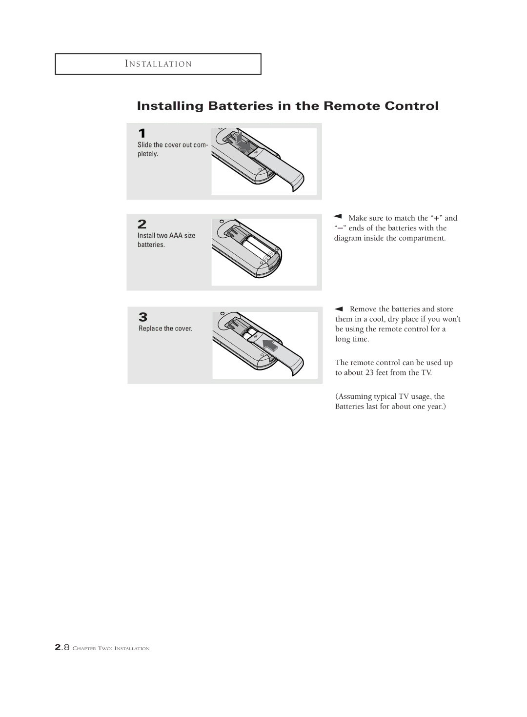 Samsung PCJ 614RF, PCK 6115R, PCJ 534RF manual Installing Batteries in the Remote Control 