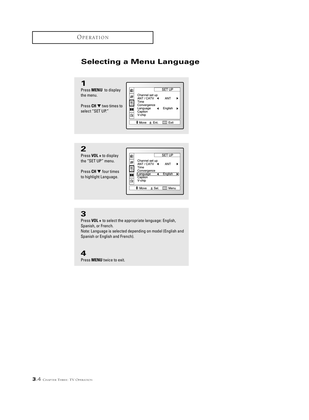 Samsung PCJ 614RF, PCK 6115R, PCJ 534RF manual Selecting a Menu Language 