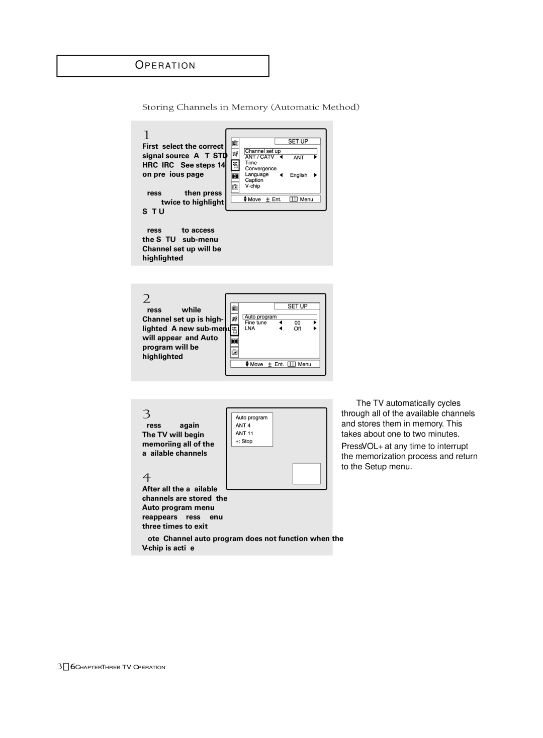 Samsung PCK 6115R manual Storing Channels in Memory Automatic Method, Press MENU, then press CH twice to highlight SET UP 