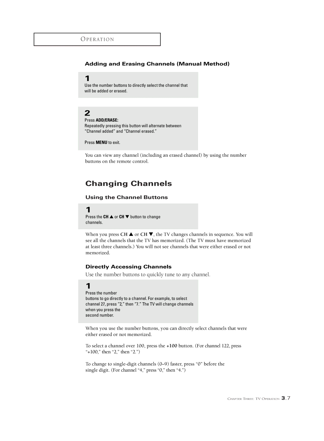 Samsung PCJ 534RF, PCK 6115R manual Changing Channels, Adding and Erasing Channels Manual Method, Using the Channel Buttons 