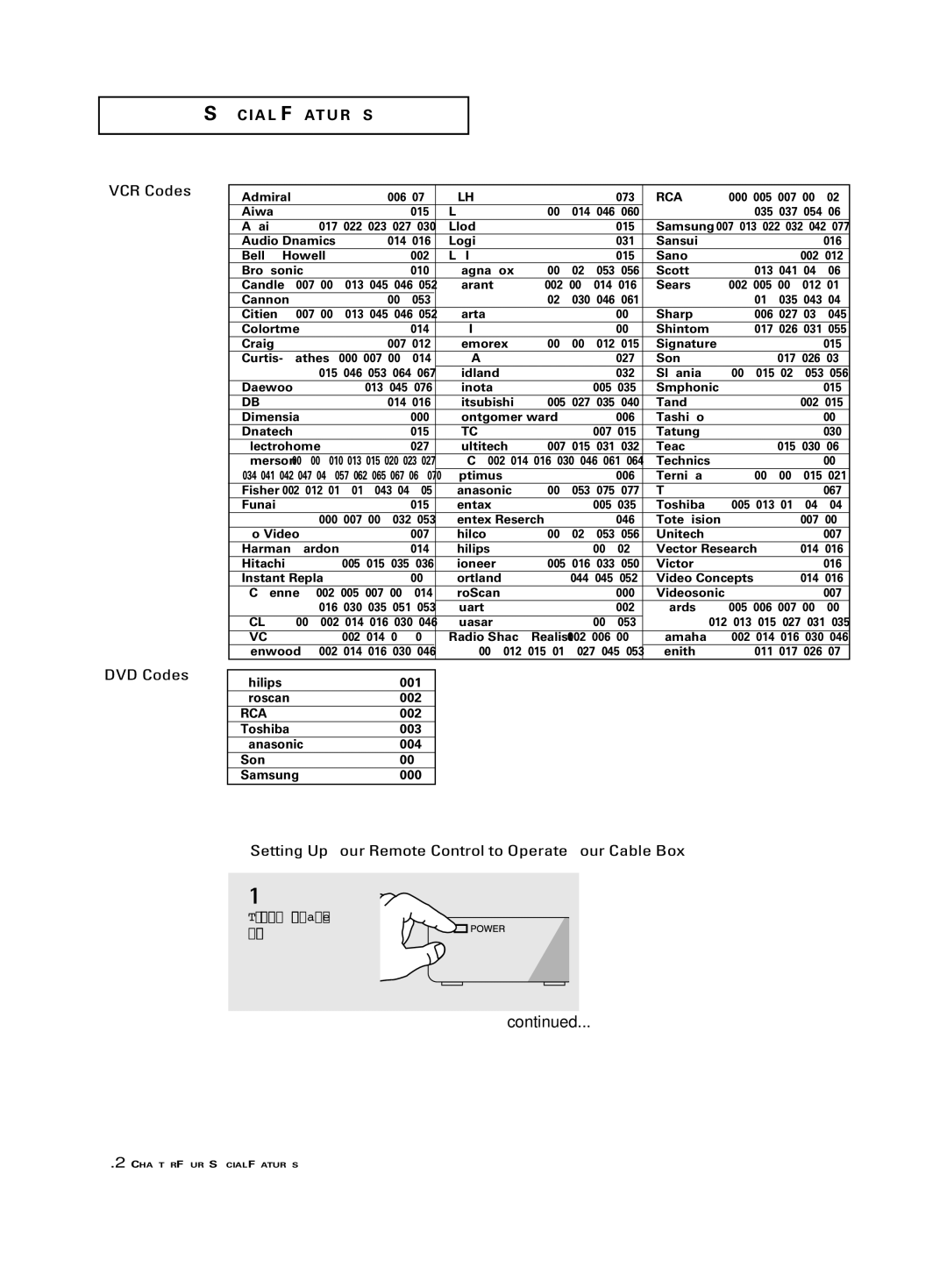 Samsung PCJ 614RF VCR Codes DVD Codes, Setting Up Your Remote Control to Operate Your Cable Box, Turn off your cable box 