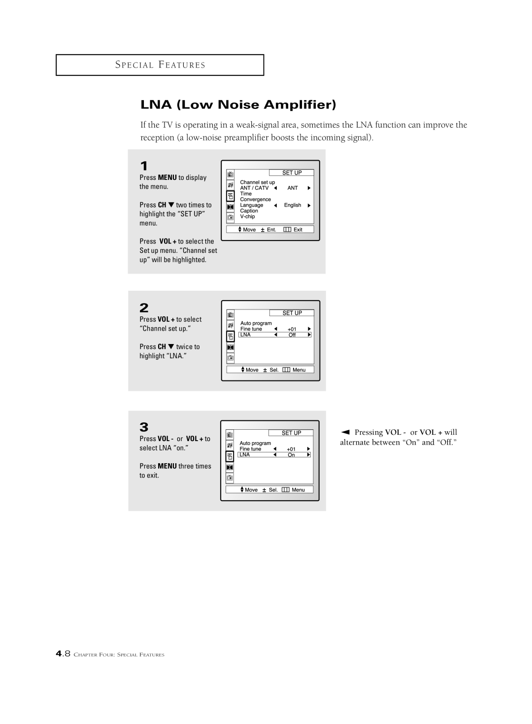 Samsung PCK 6115R, PCJ 534RF, PCJ 614RF manual LNA Low Noise Amplifier, Press CH twice to highlight LNA 