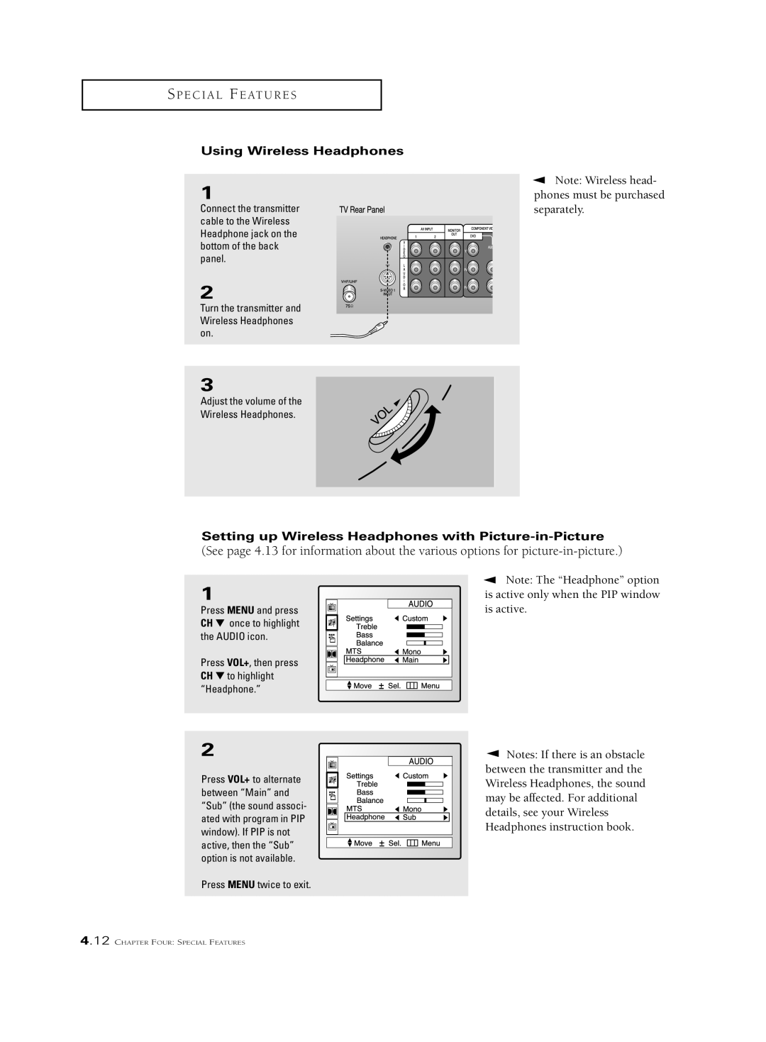 Samsung PCK 6115R, PCJ 534RF, PCJ 614RF Using Wireless Headphones, Setting up Wireless Headphones with Picture-in-Picture 