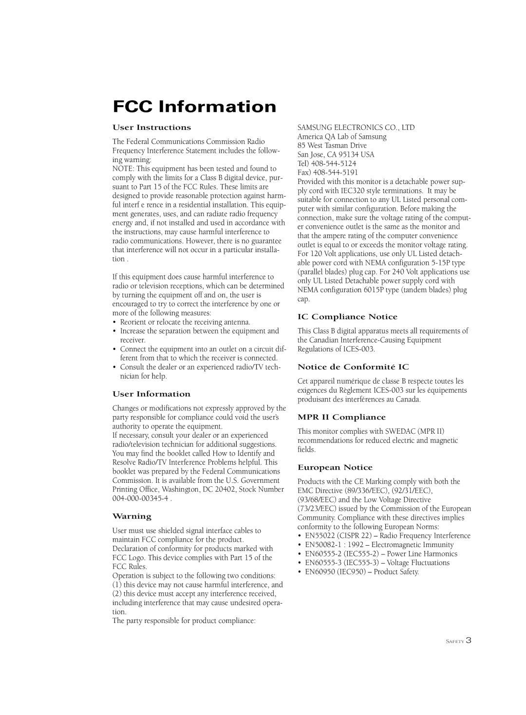 Samsung PCJ 534RF, PCK 6115R, PCJ 614RF manual FCC Information 