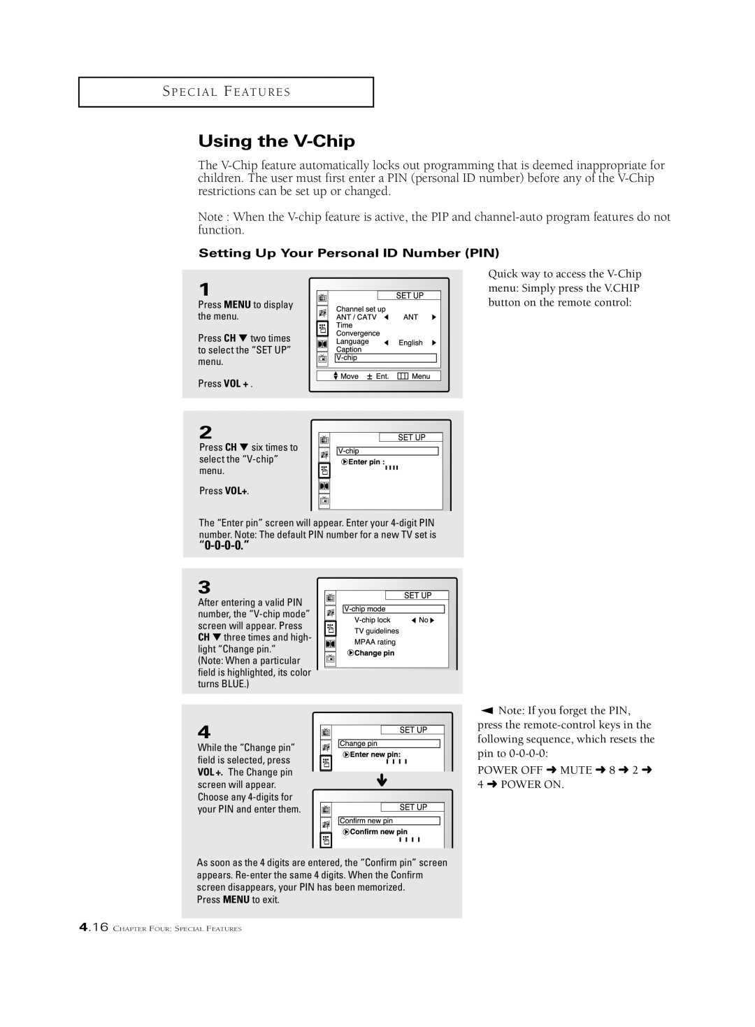 Samsung PCK 6115R, PCJ 534RF, PCJ 614RF manual Using the V-Chip, Setting Up Your Personal ID Number PIN 