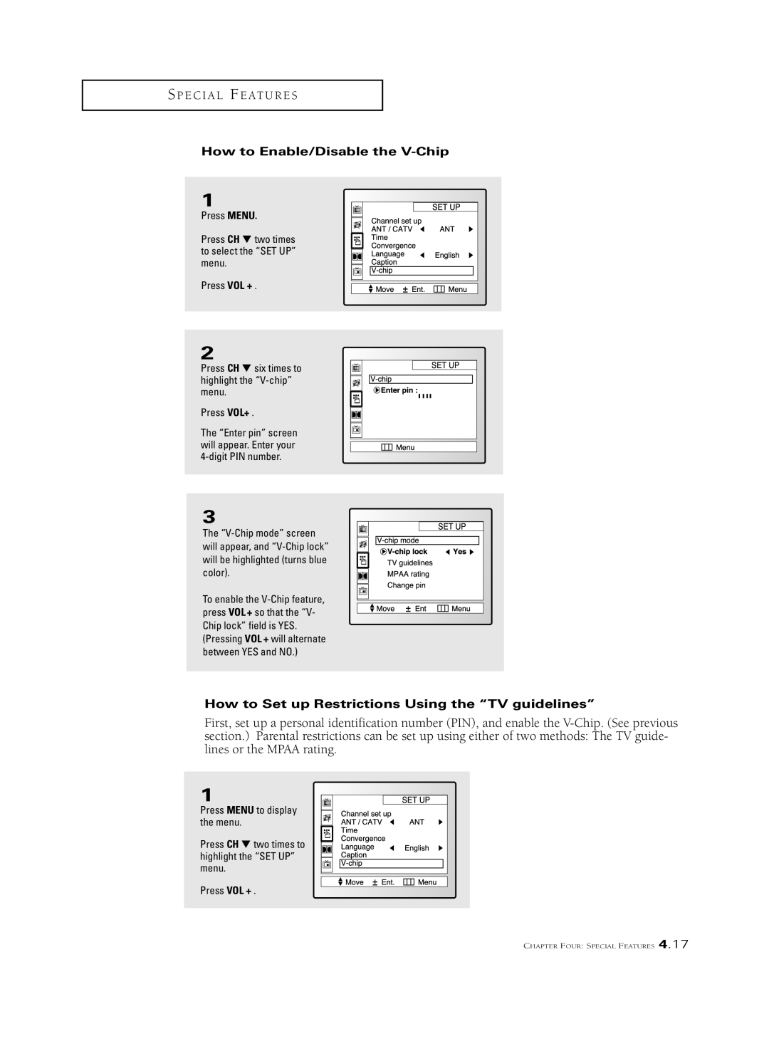 Samsung PCJ 534RF, PCK 6115R manual How to Enable/Disable the V-Chip, How to Set up Restrictions Using the TV guidelines 