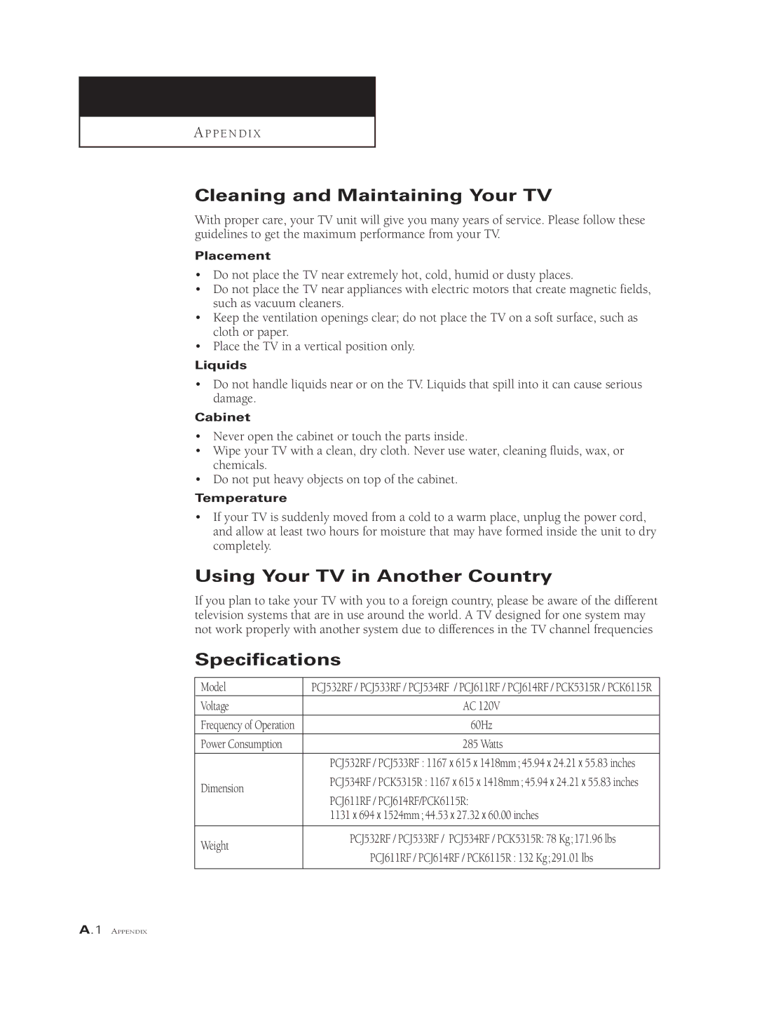 Samsung PCJ 614RF, PCK 6115R, PCJ 534RF Cleaning and Maintaining Your TV, Using Your TV in Another Country, Specifications 