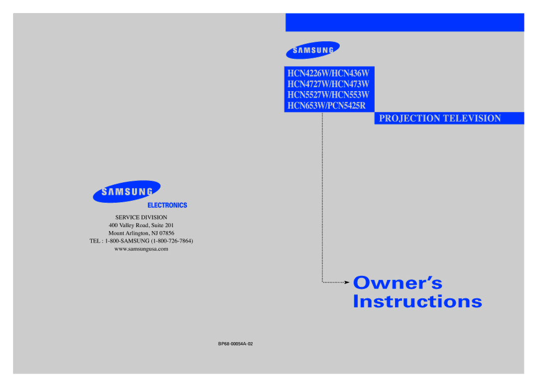 Samsung HCN473W, PCN5425R, HCN4727W, HCN436W, HCN553W, HCN5527W, HCN653W manual Owner’s 