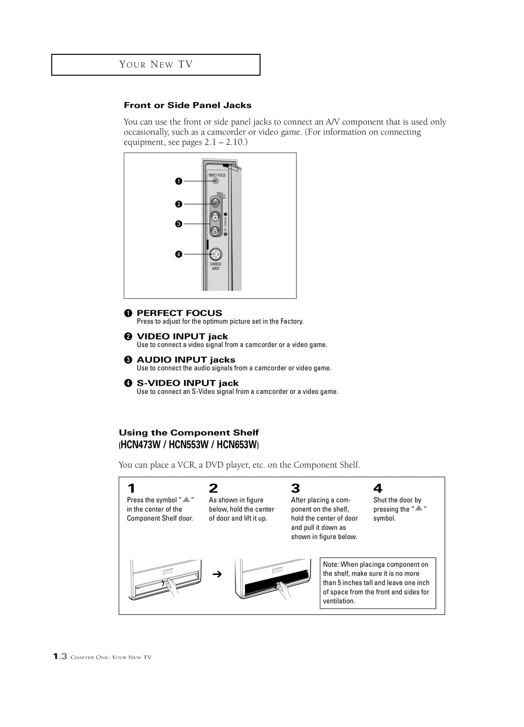 Samsung HCN436W, PCN5425R, HCN473W Front or Side Panel Jacks, ´ Video Input jack, Audio Input jacks, ¨ S-VIDEO Input jack 