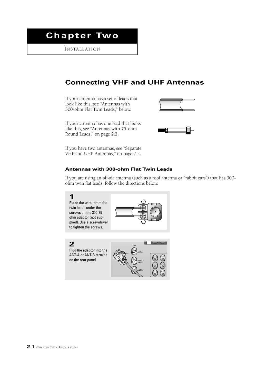 Samsung PCN5425R, HCN473W, HCN4727W, HCN436W, HCN553W Connecting VHF and UHF Antennas, Antennas with 300-ohm Flat Twin Leads 