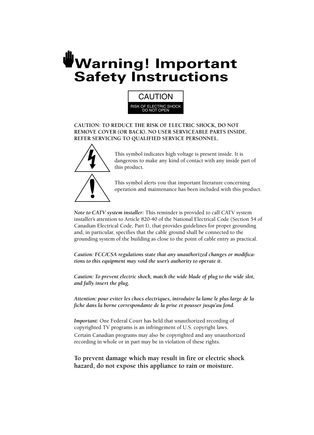 Samsung HCN4727W, PCN5425R, HCN473W, HCN436W, HCN553W, HCN5527W, HCN653W manual Risk of Electric Shock Do not Open 