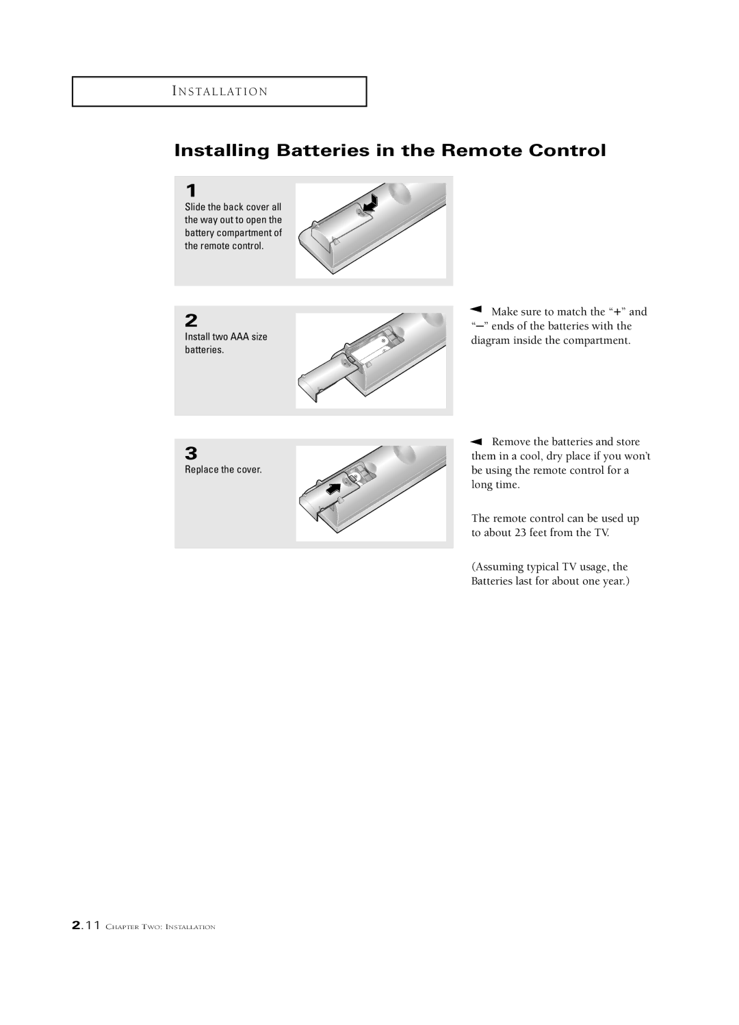 Samsung HCN436W, PCN5425R Installing Batteries in the Remote Control, Install two AAA size batteries Replace the cover 