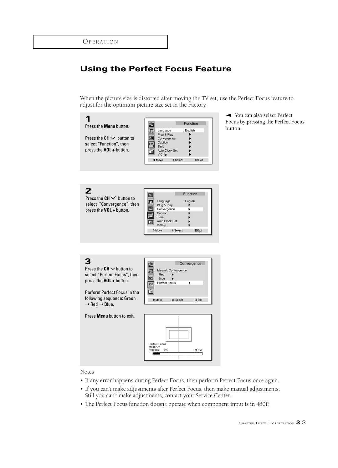 Samsung HCN653W, PCN5425R, HCN473W, HCN4727W, HCN436W, HCN553W, HCN5527W manual Using the Perfect Focus Feature 