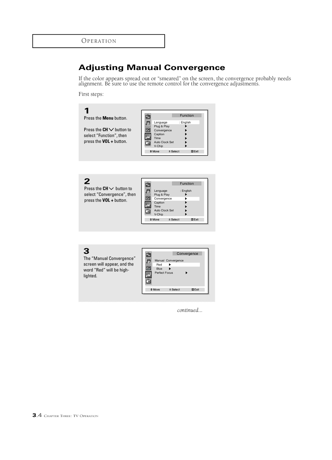 Samsung PCN5425R, HCN473W, HCN4727W, HCN436W, HCN553W, HCN5527W, HCN653W manual Adjusting Manual Convergence 