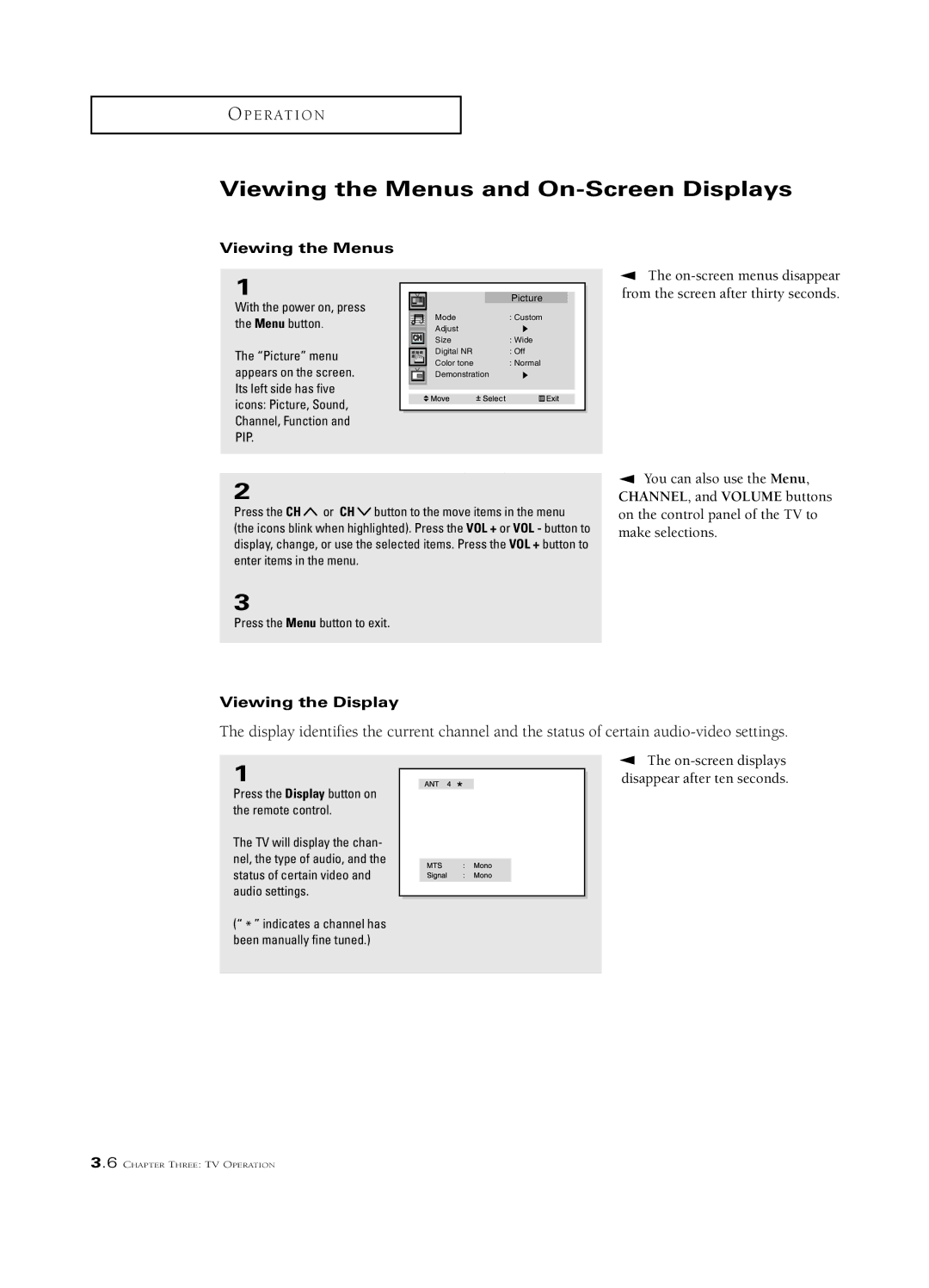 Samsung HCN4727W, PCN5425R, HCN473W, HCN436W, HCN553W, HCN5527W Viewing the Menus and On-Screen Displays, Viewing the Display 